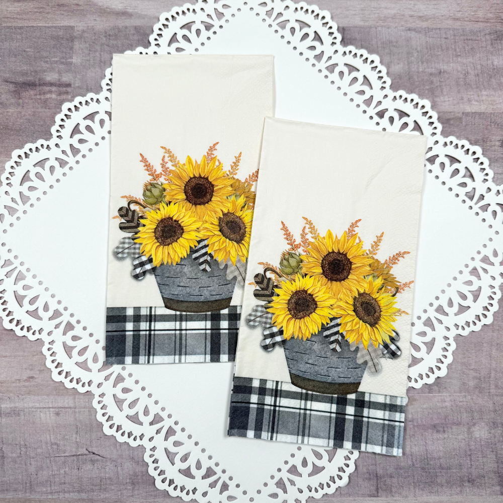 Decoupage Napkins Farmhouse Sunflowers Plaid Border